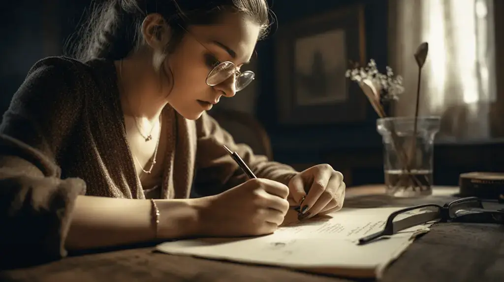 девушка в очках пишет письмо