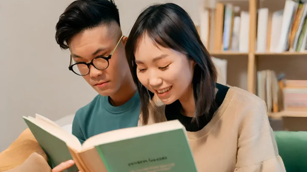 Man and woman reading a book with many beautiful words