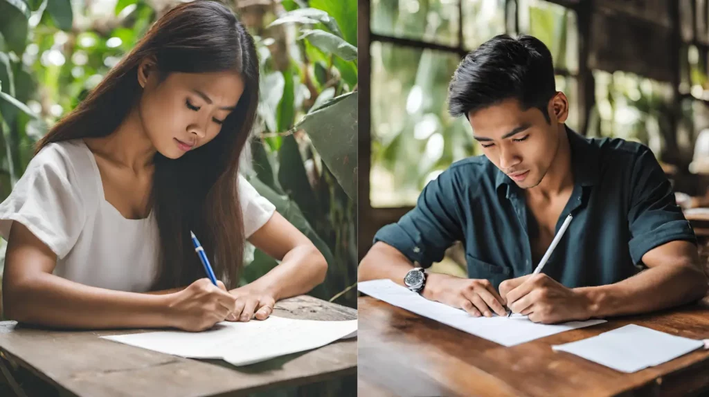 Young Man and Woman writing beautiful words in letters