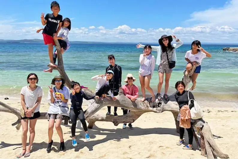 a group of people posing on a tree branch on a beach