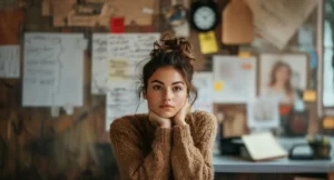 a woman sitting at a desk with her hands on her chin