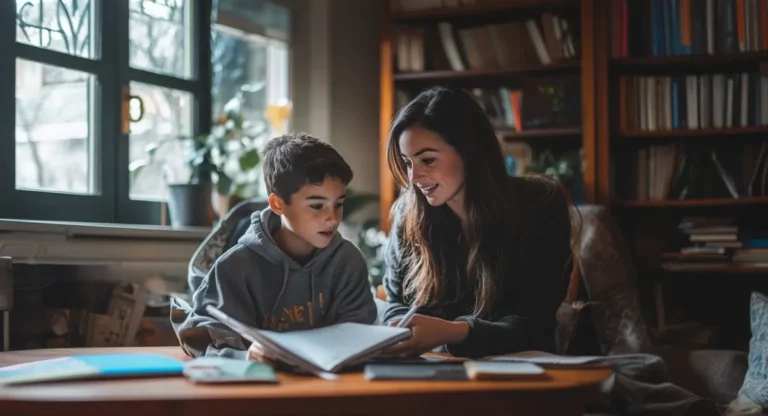 a woman and a boy looking at a book